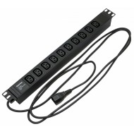 Hyperline SHE19-10IEC-2.5IEC Блок розеток для 19 шкафов, горизонтальный, 10 розеток IEC320 C13, кабель питания 2.5м (3х1.0мм2) с вилкой IEC320 C14 10A, 250В, 482.6x44.4x44.4мм (ШхГхВ), корпус алюминий, черный