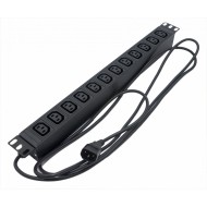 Hyperline SHE19-12IEC-2.5IEC Блок розеток для 19 шкафов, горизонтальный, 12 розеток IEC320 C13, кабель питания 2.5м (3х1.0мм2) с вилкой IEC320 C14 10A, 250В, 482.6x44.4x44.4мм (ШхГхВ), корпус алюминий, черный