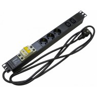 Hyperline SHE19-3SH-2IEC-B-2.5EU Блок розеток для 19 шкафов, горизонтальный, 3 розетки Schuko, 2 розетки IEC320 C13, автоматический выключатель, кабель питания 2.5м (3х1.5мм2) с вилкой Schuko 16A, 250В, 482.6x44.4x44.4мм (ШхГхВ), корпус алюминий, черный