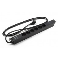 Hyperline SHE19-6SH-2.5EU Блок розеток для 19 шкафов, горизонтальный, 6 розеток Schuko, кабель питания 2.5м (3х1.5мм2) с вилкой Schuko 16A, 250В, 482.6x44.4x44.4мм (ШхГхВ), корпус алюминий, черный