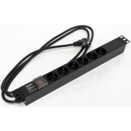 Hyperline SHE19-6SH-S-2.5EU Блок розеток для 19 шкафов, горизонтальный, 6 розеток Schuko, выключатель с подсветкой, кабель питания 2.5м (3х1.5мм2) с вилкой Schuko 16A, 250В, 482.6x44.4x44.4мм (ШхГхВ), корпус алюминий, черный