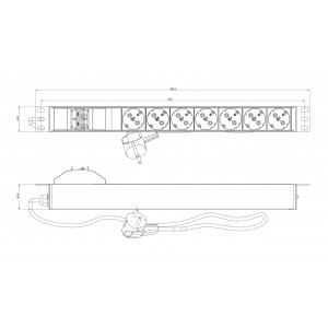 Hyperline SHE19-7SH-BF-2.5EU Блок розеток для 19 шкафов, горизонтальный, 7 розеток Schuko, автомат. выключатель, защита от перенапряжения, кабель питания 2.5м (3х1.5мм2) с вилкой Schuko 16A, 250В, 482.6x44.4x44.4мм (ШхГхВ), корпус алюминий, черный Hyperline SHE19-7SH-BF-2.5EU Блок розеток для 19 шкафов, горизонтальный, 7 розеток Schuko, автомат. выключатель, защита от перенапряжения, кабель питания 2.5м (3х1.5мм2) с вилкой Schuko 16A, 250В, 482.6x44.4x44.4мм (ШхГхВ), корпус алюминий, черный