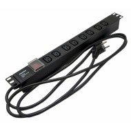 Hyperline SHE19-8IEC-S-2.5EU Блок розеток для 19 шкафов, горизонтальный, 8 розеток IEC320 C13, выключатель с подсветкой, кабель питания 2.5м (3х1.5мм2) с вилкой Schuko 16A, 250В, 482.6x44.4x44.4мм (ШхГхВ), корпус алюминий, черный