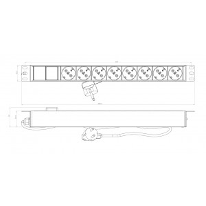Hyperline SHE19-8SH-S-2.5EU Блок розеток для 19 шкафов, горизонтальный, 8 розеток Schuko, выключатель с подсветкой, кабель питания 2.5м (3х1.5мм2) с вилкой Schuko 16A, 250В, 482.6x44.4x44.4мм (ШхГхВ), корпус алюминий, черный Hyperline SHE19-8SH-S-2.5EU Блок розеток для 19 шкафов, горизонтальный, 8 розеток Schuko, выключатель с подсветкой, кабель питания 2.5м (3х1.5мм2) с вилкой Schuko 16A, 250В, 482.6x44.4x44.4мм (ШхГхВ), корпус алюминий, черный