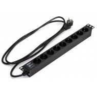 Hyperline SHE19-9SH-2.5EU Блок розеток для 19 шкафов, горизонтальный, 9 розеток Schuko, кабель питания 2.5м (3х1.5мм2) с вилкой Schuko 16A, 250В, 482.6x44.4x44.4мм (ШхГхВ), корпус алюминий, цвет черный