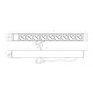 Hyperline SHE19-9SH-2.5EU Блок розеток для 19 шкафов, горизонтальный, 9 розеток Schuko, кабель питания 2.5м (3х1.5мм2) с вилкой Schuko 16A, 250В, 482.6x44.4x44.4мм (ШхГхВ), корпус алюминий, цвет черный Hyperline SHE19-9SH-2.5EU Блок розеток для 19 шкафов, горизонтальный, 9 розеток Schuko, кабель питания 2.5м (3х1.5мм2) с вилкой Schuko 16A, 250В, 482.6x44.4x44.4мм (ШхГхВ), корпус алюминий, цвет черный