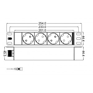Hyperline SHT10-4SH-IEC Блок розеток для 10 шкафов, горизонтальный, 4 розетки Schuko, входной разъем IEC320 C14 10A, 250В, установочный размер 236 мм, 254х44.4х44.4мм (ДхШхВ), копрус алюминий Hyperline SHT10-4SH-IEC Блок розеток для 10 шкафов, горизонтальный, 4 розетки Schuko, входной разъем IEC320 C14 10A, 250В, установочный размер 236 мм, 254х44.4х44.4мм (ДхШхВ), копрус алюминий