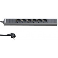 Hyperline SHT19-6SH-2.5EU Блок розеток для 19" шкафов, горизонтальный, 6 розеток Schuko, кабель питания 2.5м (3х1.5мм2) с вилкой Schuko 16A, 250В, 482.6x44.4x44.4мм (ШхГхВ), корпус алюминий