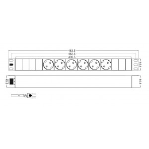Hyperline SHT19-6SH-2.5IEC Блок розеток для 19 шкафов, горизонтальный, 6 розеток Schuko, кабель питания 2.5м (3х1.0мм2) с вилкой IEC320 C14 10A, 250В, 482.6x44.4x44.4мм (ШхГхВ), корпус алюминий Hyperline SHT19-6SH-2.5IEC Блок розеток для 19 шкафов, горизонтальный, 6 розеток Schuko, кабель питания 2.5м (3х1.0мм2) с вилкой IEC320 C14 10A, 250В, 482.6x44.4x44.4мм (ШхГхВ), корпус алюминий