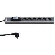 Hyperline SHT19-6SH-B-2.5EU Блок розеток для 19 шкафов, горизонтальный, 6 розеток Schuko, автоматический выключатель, кабель питания 2.5м (3х1.5мм2) с вилкой Schuko 16A, 250В, 482.6x44.4x44.4мм (ШхГхВ), корпус алюминий