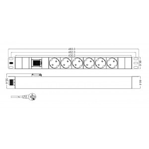 Hyperline SHT19-6SH-S-2.5EU Блок розеток для 19 шкафов, горизонтальный, 6 розеток Schuko, выключатель с подсветкой, кабель питания 2.5м (3х1.5мм2) с вилкой Schuko 16A, 250В, 482.6x44.4x44.4мм (ШхГхВ), корпус алюминий Hyperline SHT19-6SH-S-2.5EU Блок розеток для 19 шкафов, горизонтальный, 6 розеток Schuko, выключатель с подсветкой, кабель питания 2.5м (3х1.5мм2) с вилкой Schuko 16A, 250В, 482.6x44.4x44.4мм (ШхГхВ), корпус алюминий
