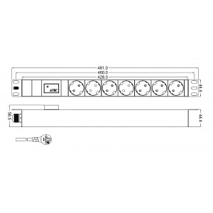 Hyperline SHT19-7SH-IF-2.5EU Блок розеток для 19 шкафов, горизонтальный, 7 розеток Schuko, индикатор питания, защита от перенапряжения (сменный блок), кабель питания 2.5м (3х1.5мм2) с вилкой Schuko 16A, 250В, 482.6x44.4x44.4мм (ШхГхВ), корпус алюминий Hyperline SHT19-7SH-IF-2.5EU Блок розеток для 19 шкафов, горизонтальный, 7 розеток Schuko, индикатор питания, защита от перенапряжения (сменный блок), кабель питания 2.5м (3х1.5мм2) с вилкой Schuko 16A, 250В, 482.6x44.4x44.4мм (ШхГхВ), корпус алюминий