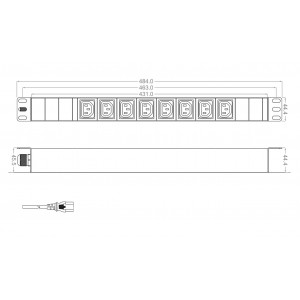 Hyperline SHT19-8IEC-2.5IEC Блок розеток для 19 шкафов, горизонтальный, 8 розеток IEC320 C13, кабель питания 2.5м (3х1.0мм2) с вилкой IEC320 C14 10A, 250В, 482.6x44.4x44.4мм (ШхГхВ), корпус алюминий Hyperline SHT19-8IEC-2.5IEC Блок розеток для 19 шкафов, горизонтальный, 8 розеток IEC320 C13, кабель питания 2.5м (3х1.0мм2) с вилкой IEC320 C14 10A, 250В, 482.6x44.4x44.4мм (ШхГхВ), корпус алюминий