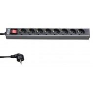 Hyperline SHT19-8SH-S-2.5EU Блок розеток для 19 шкафов, горизонтальный, 8 розеток Schuko, выключатель с подсветкой, кабель питания 2.5м (3х1.5мм2) с вилкой Schuko 16A, 250В, 482.6x44.4x44.4мм (ШхГхВ), корпус алюминий