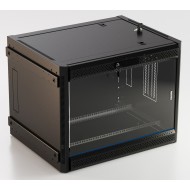 Hyperline TWB-FC-1245-GP-RAL9004 Шкаф настенный 19-дюймовый (19), 12U, 662x600х450мм, стеклянная дверь с перфорацией по бокам, ручка с замком, с возможностью установки на ножки (в комплекте), цвет черный (RAL 9004) (разобранный)